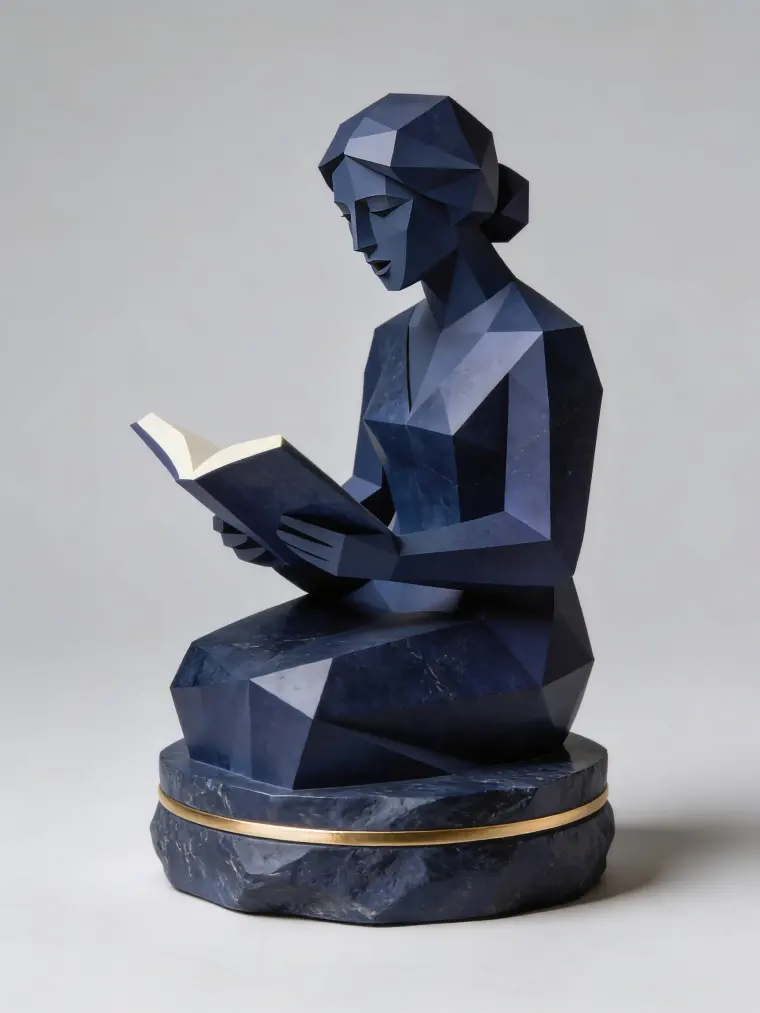 A memorial statue of a seated woman reading, carved in faceted navy stone with a gold ring at its base