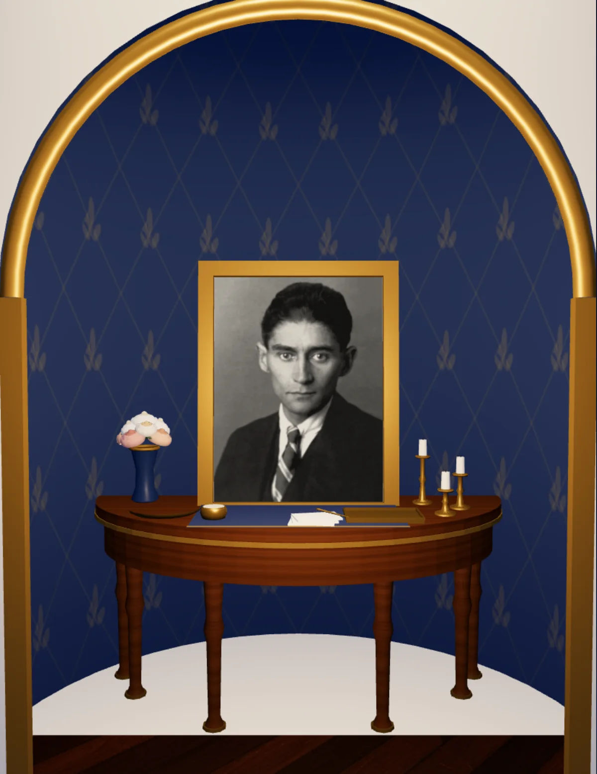 A Meadow palace: a portrait altar with candles and flowers in a navy alcove