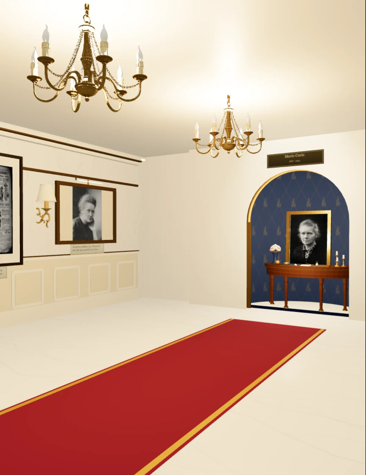 A Summit palace: a marble rotunda with a red runner leading to a portrait altar