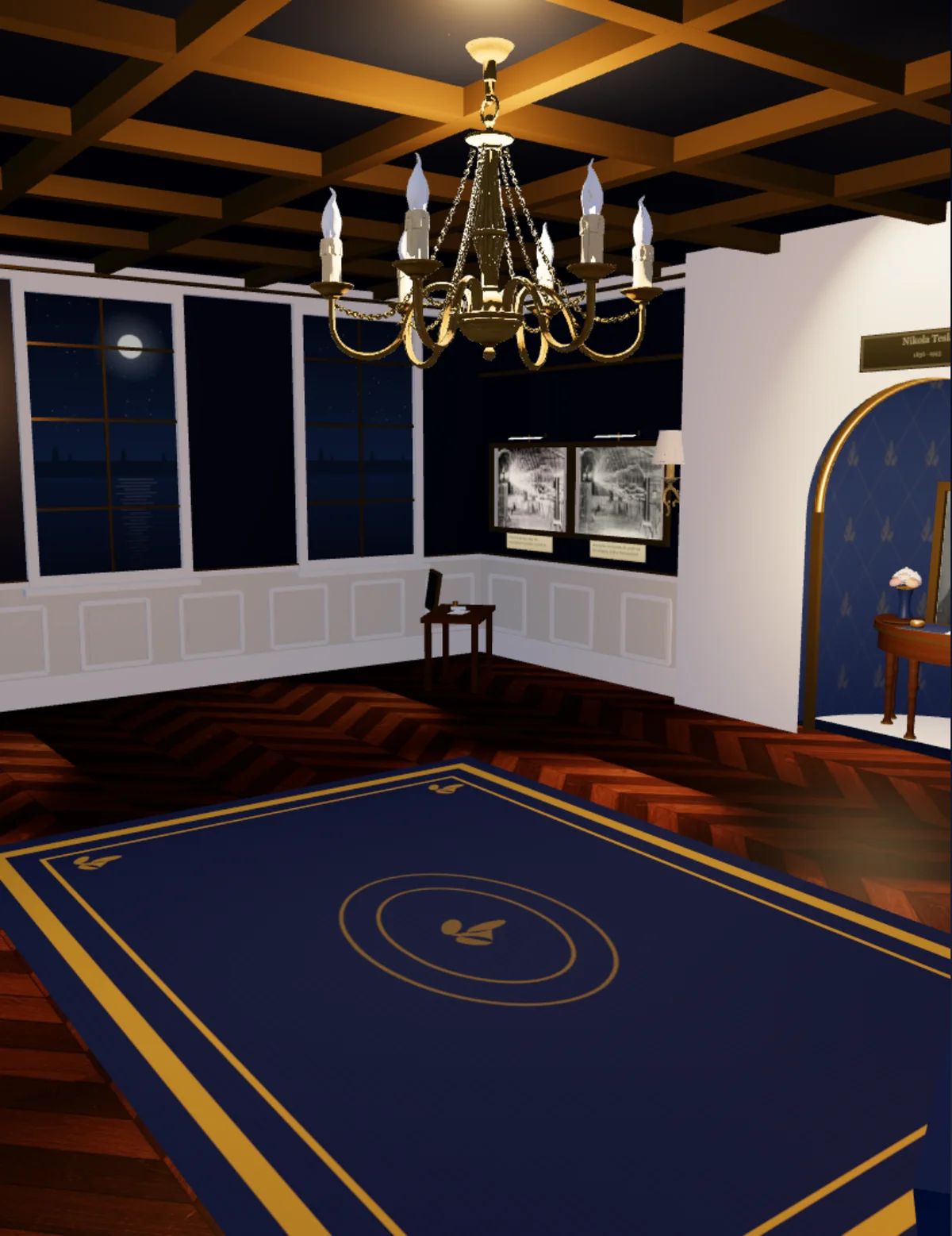 A Terrace palace: a coffered great room with a chandelier, hung photographs, and a moonlit window