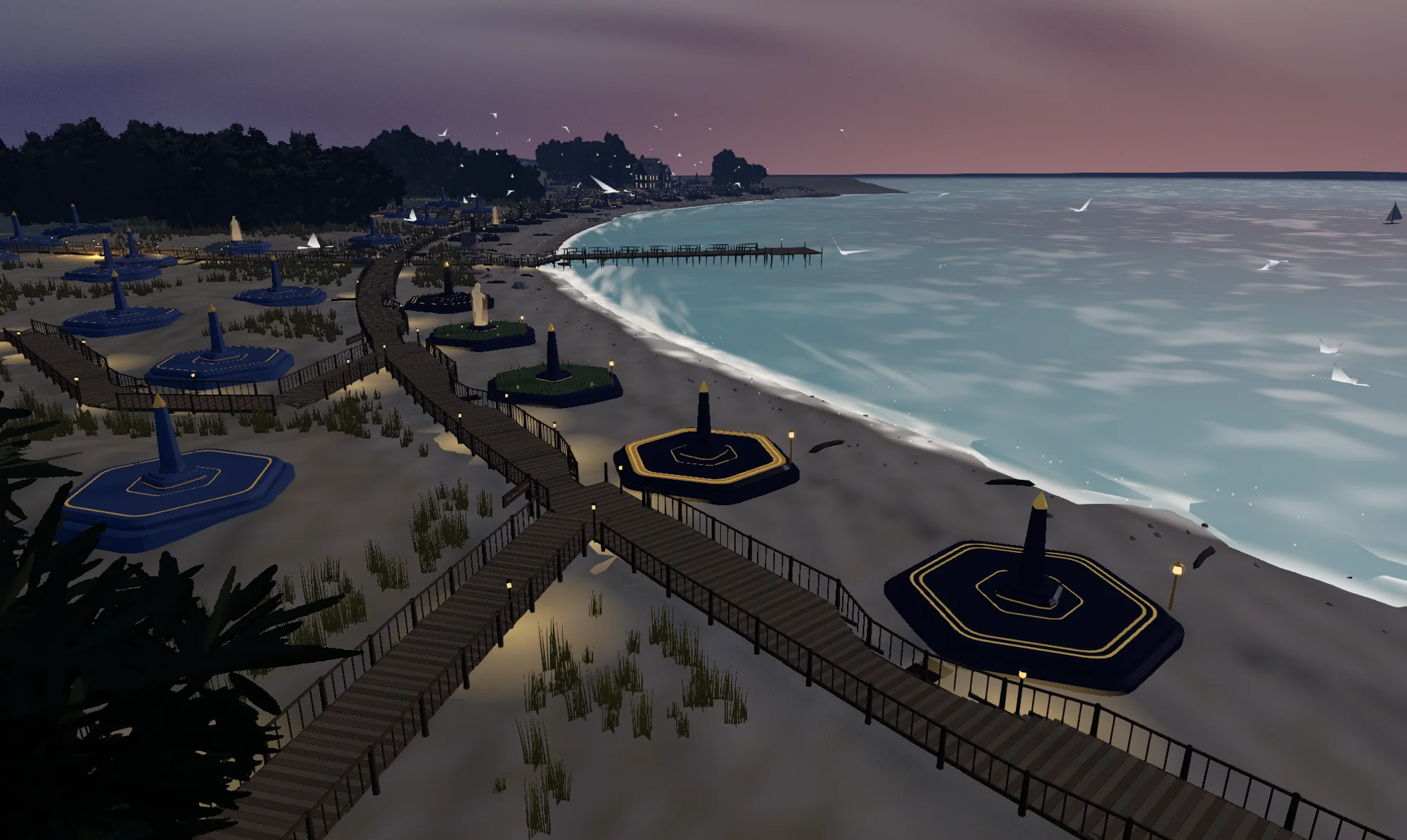 The Shore from the overlook: the whole crescent bay with the lighthouse on the horn, memory palace plots along the sand, and the pier reaching into the water