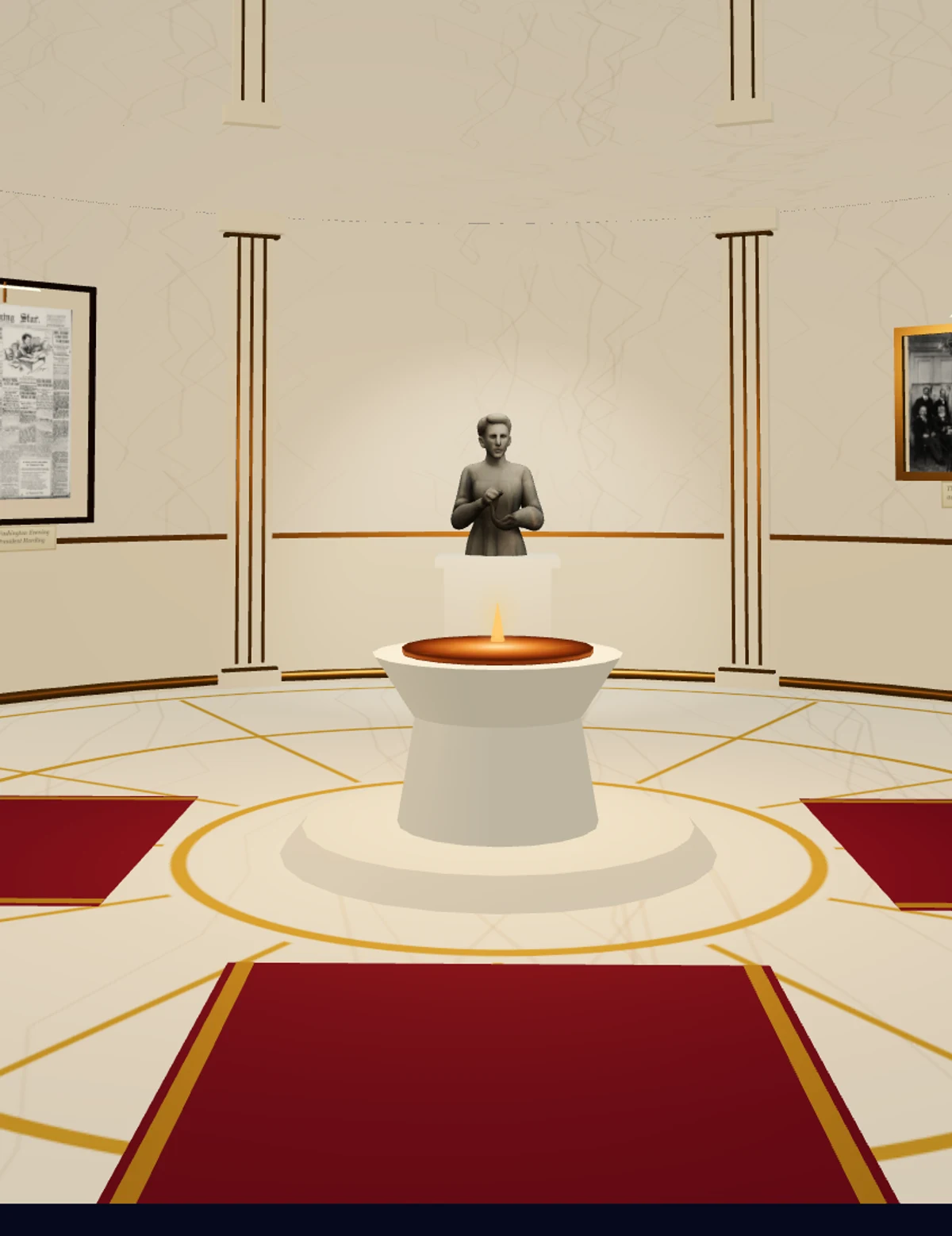 Marie Curie's memory palace: her likeness above a candlelit altar in a marble hall, kept by Here After All