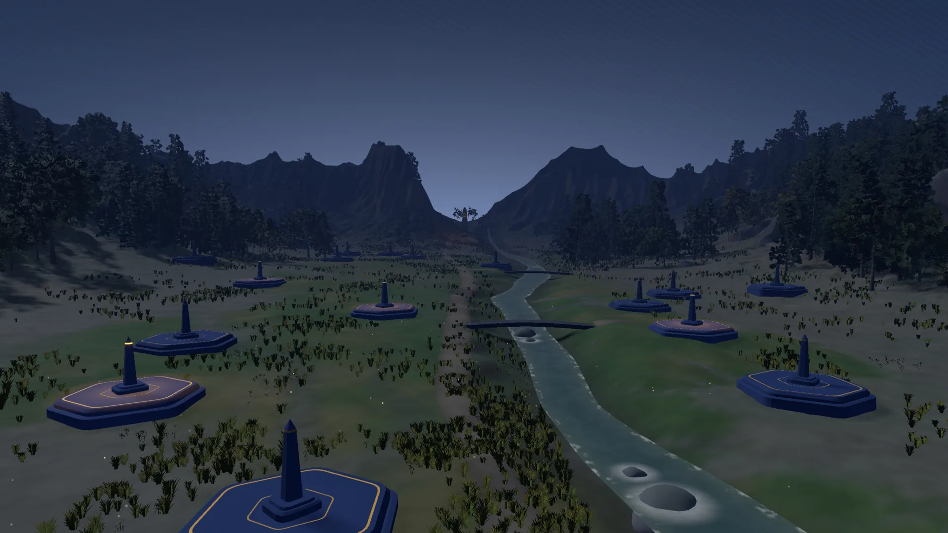 The Vale at night: dark plots along the stream under a deep blue sky, the mountains behind.