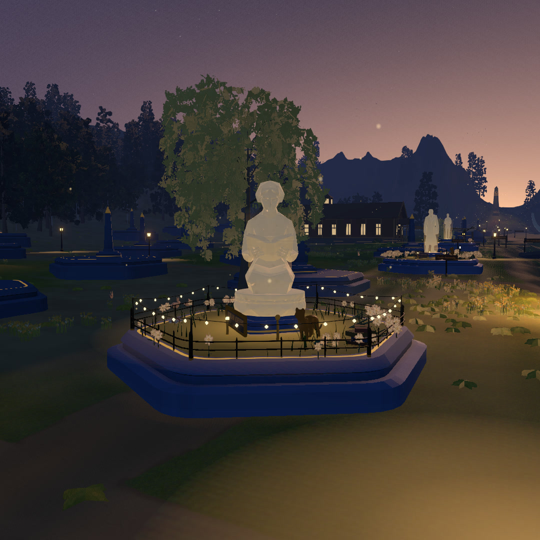 A kept plot at dusk: a glowing seated likeness ringed with string lights, a bench and wildflowers inside the border.