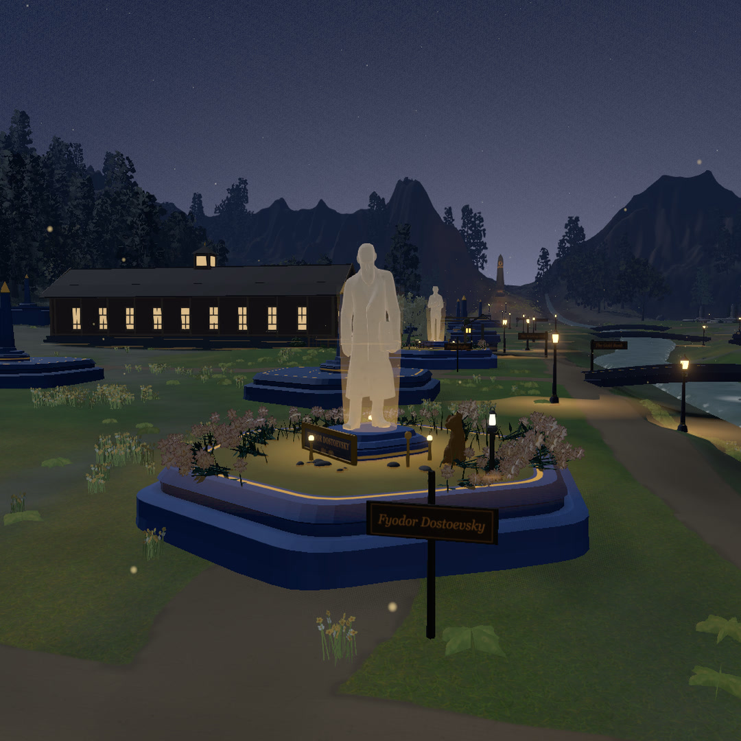 A lamplit plot in the Vale at night: a glowing likeness among planted flowers, lanterns burning, the gathering hall lit across the lawn.