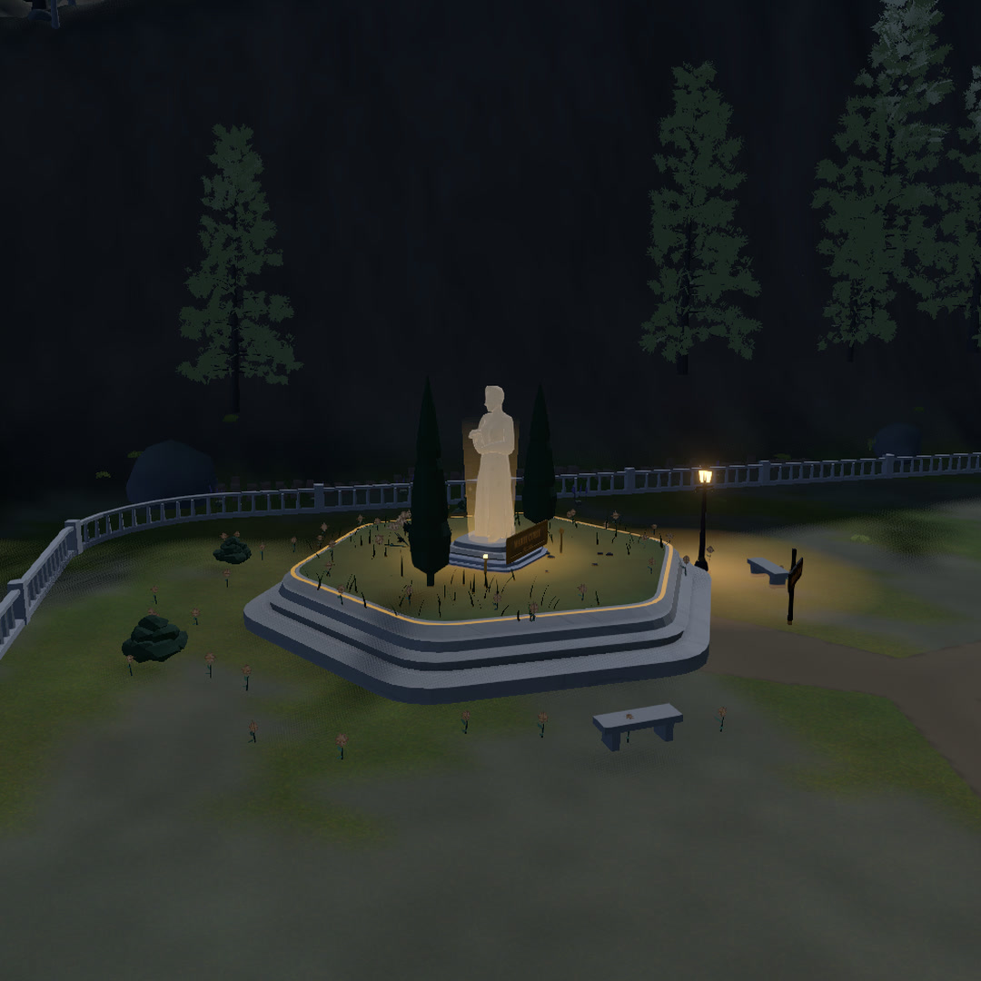 Marie Curie's tribute plot at night: a glowing likeness between cypresses, a lamp lit beside the stone, the balustrade behind.