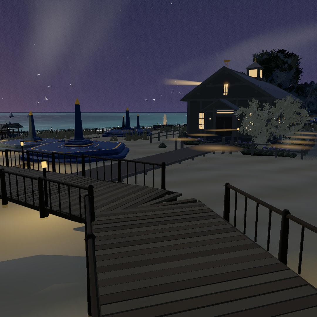 The Shore promenade at night: a boardwalk between plots and the lit gathering hall, the sea beyond under a starred sky.