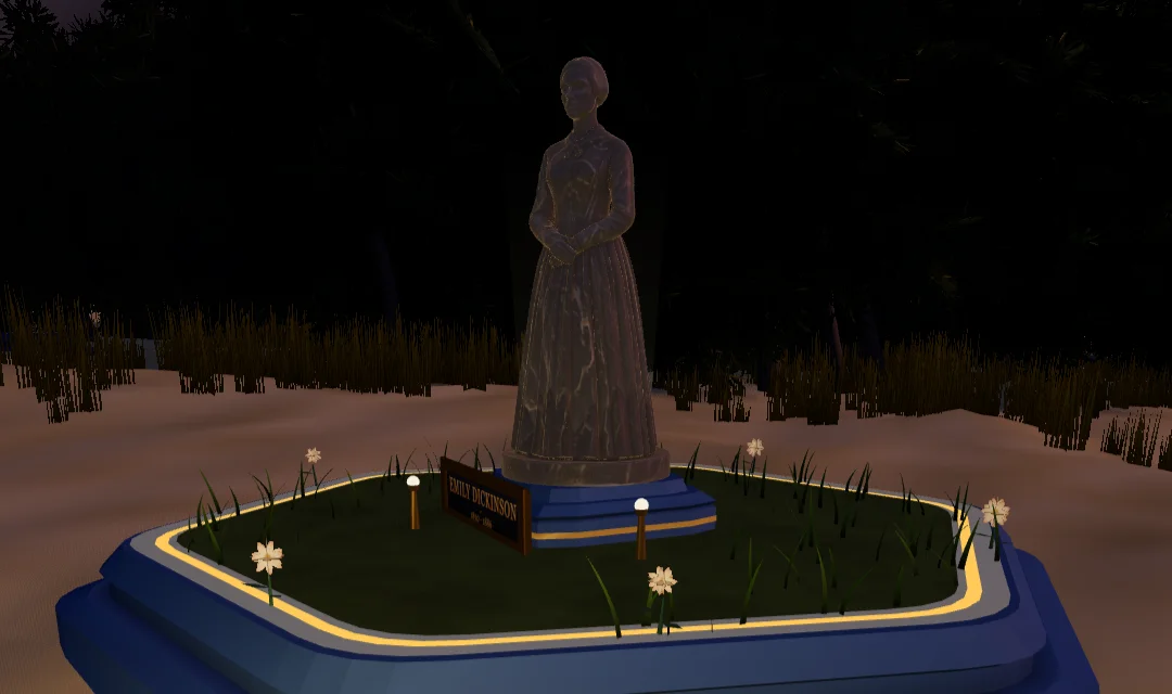 Dickinson's tribute plot in the Shore at golden hour: the statue over its garden, the lamps just lit