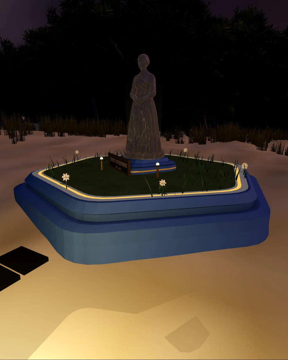 Emily Dickinson's statue on the tribute plot in the Shore