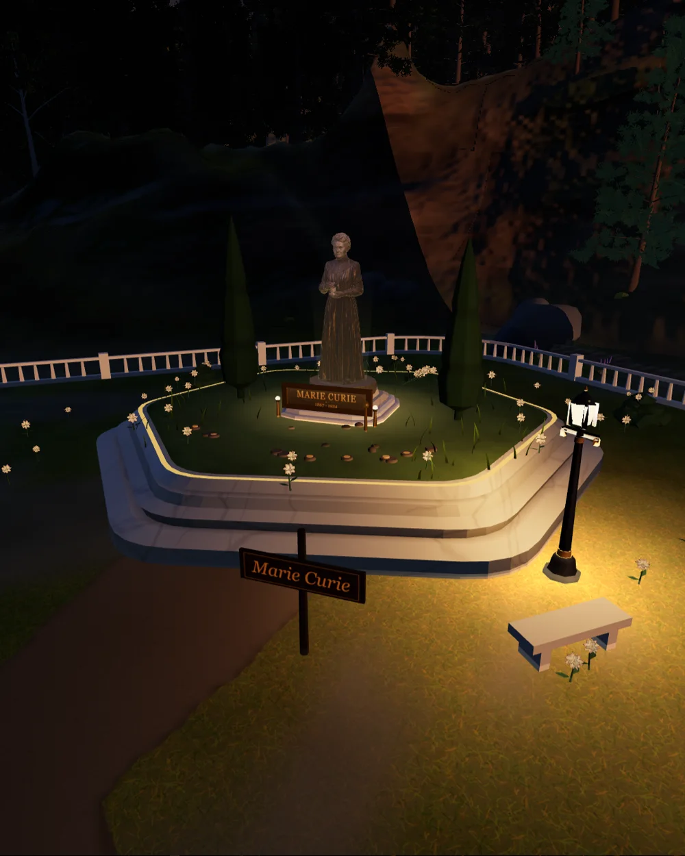 Marie Curie's statue on the tribute plot in the Vale