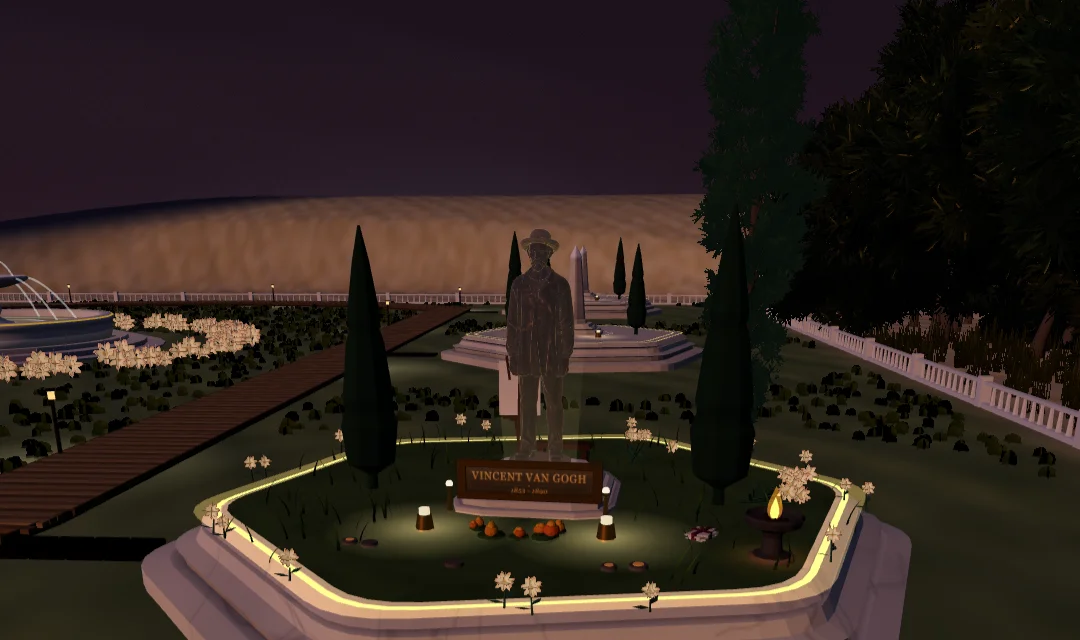 Gogh's tribute plot in the Shore at golden hour: the statue over its garden, the lamps just lit